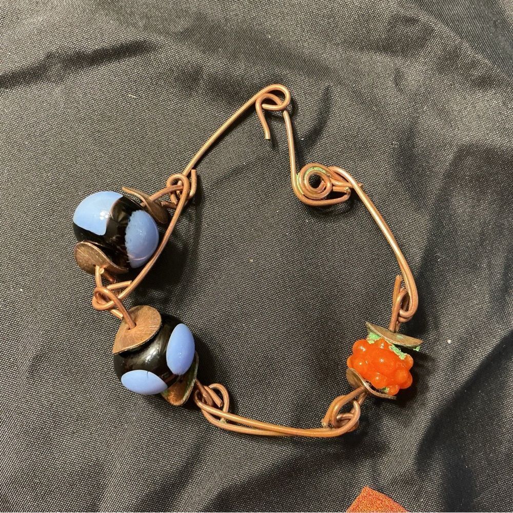 Artisan Copper Wire Bracelet with Blue and Orange Beads